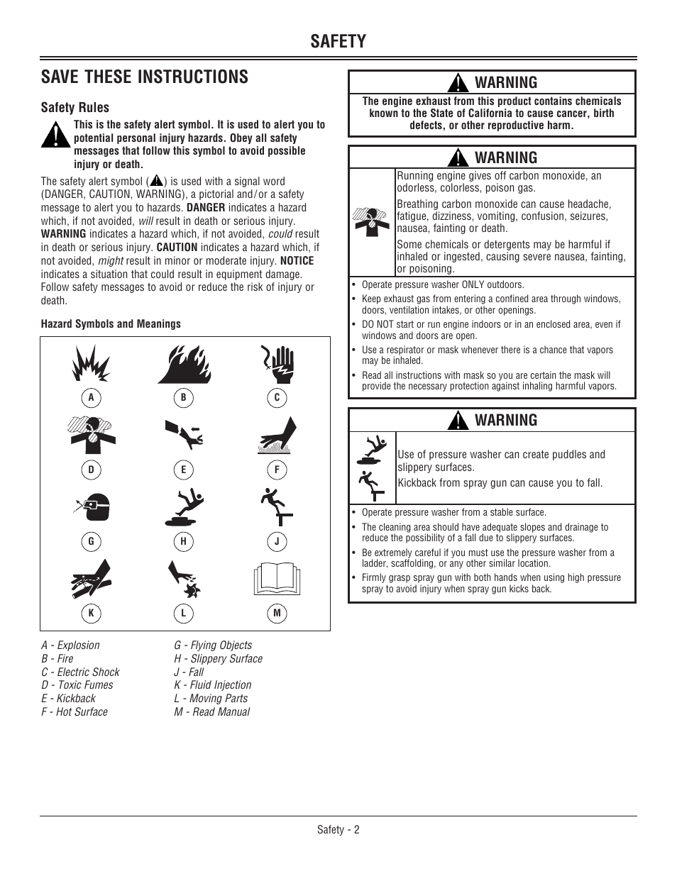 Safety, Safety save these instructions, Warning | John Deere OMM156510 User Manual | Page 6 / 24