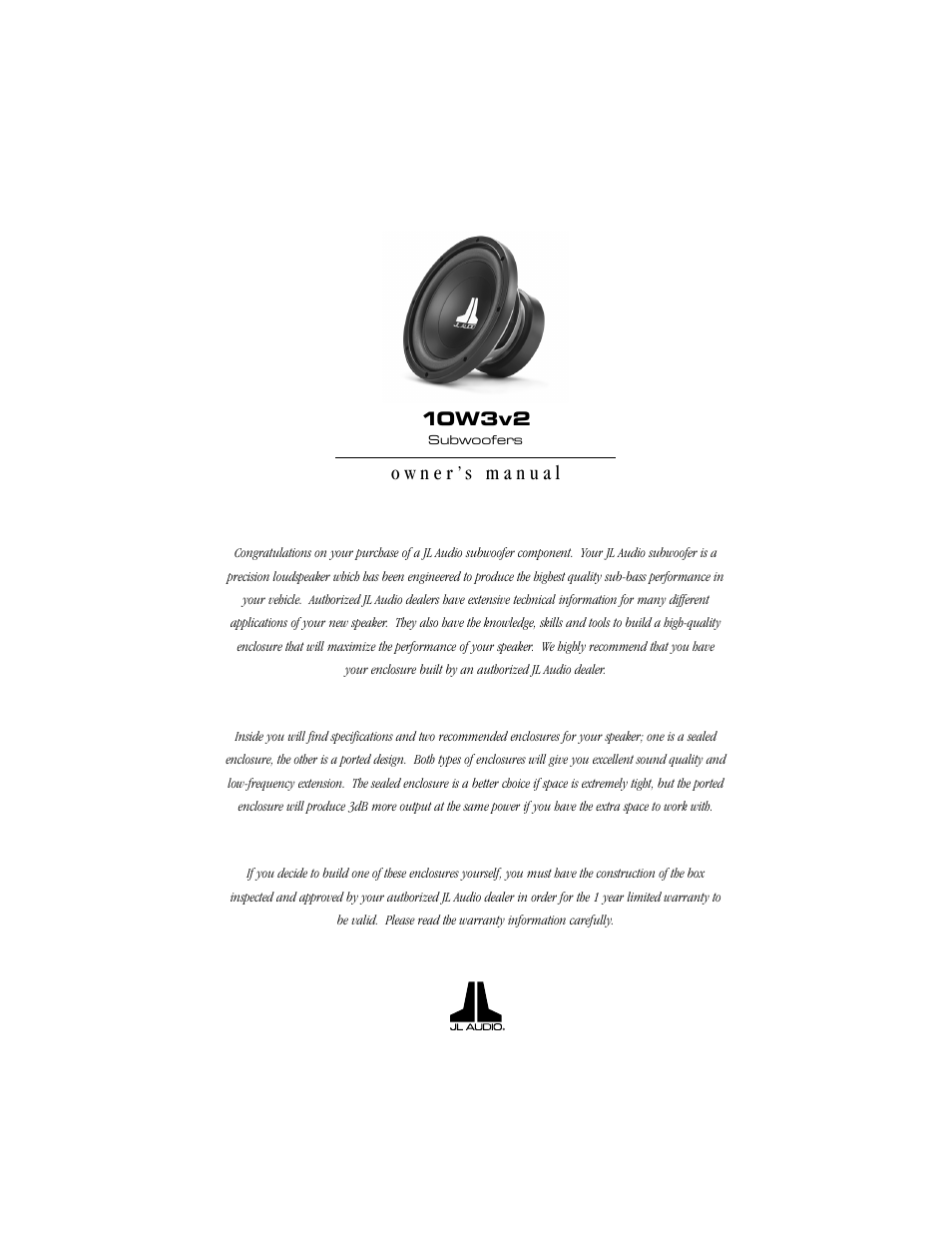 Jl Audio 10w3v2 User Manual 4 Pages