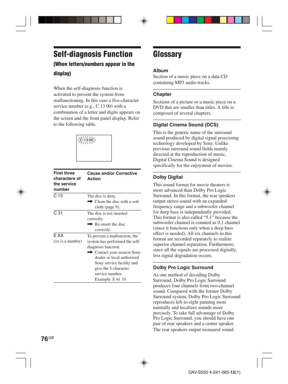 Self Diagnosis Function Glossary Sony Dav S550 User Manual Page 76 84 Original Mode