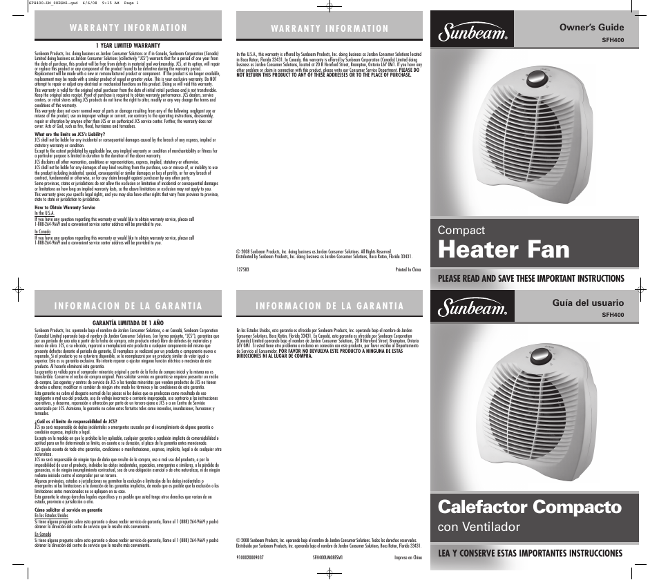 Sunbeam SFH400 User Manual | 2 pages | Original mode | Also for: SFH400-UM