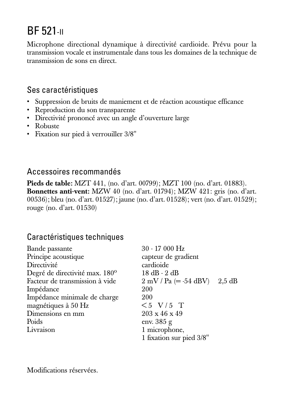 Notice d'emploi, Bf 521, Ses caractéristiques | Accessoires recommandés, Caractéristiques techniques | Sennheiser BF 521-II User Manual | Page 4 / 12