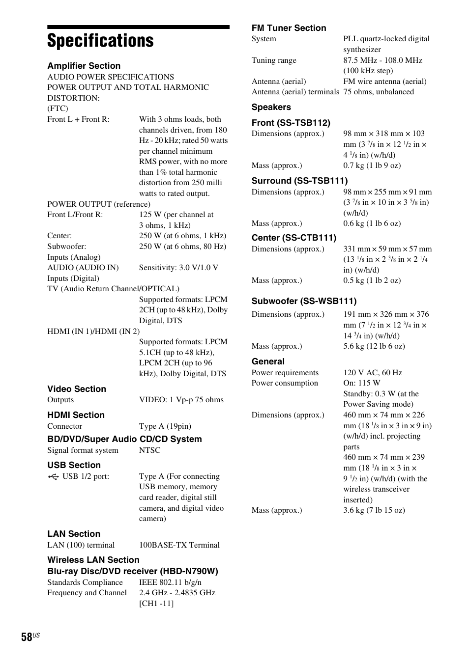 Specifications Sony Blu Ray Disc Dvd Home Theater System v N790w User Manual Page 58 64 Original Mode