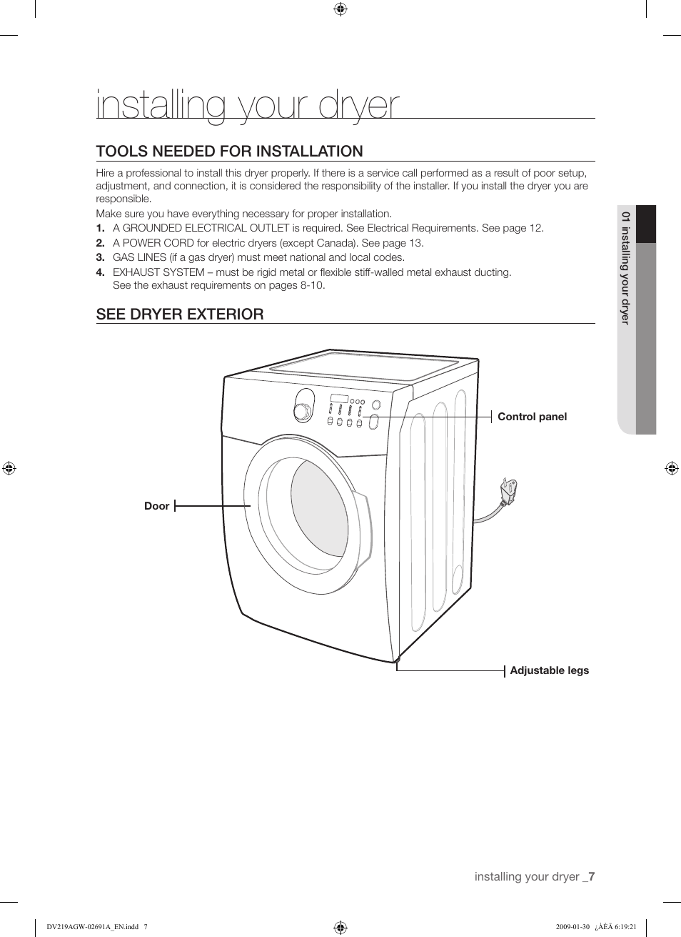 Installing your dryer Samsung DV219AGW User Manual Page 7 / 68