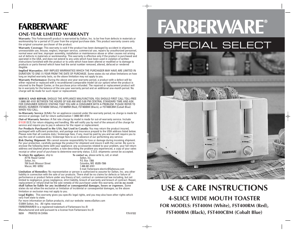FARBERWARE FST400M User Manual | 12 pages