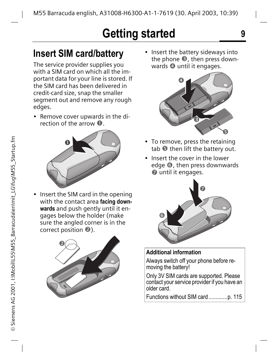 Ja spreiding platform Getting started, Insert sim card/battery | Siemens M55 User Manual | Page  10 / 140 | Original mode