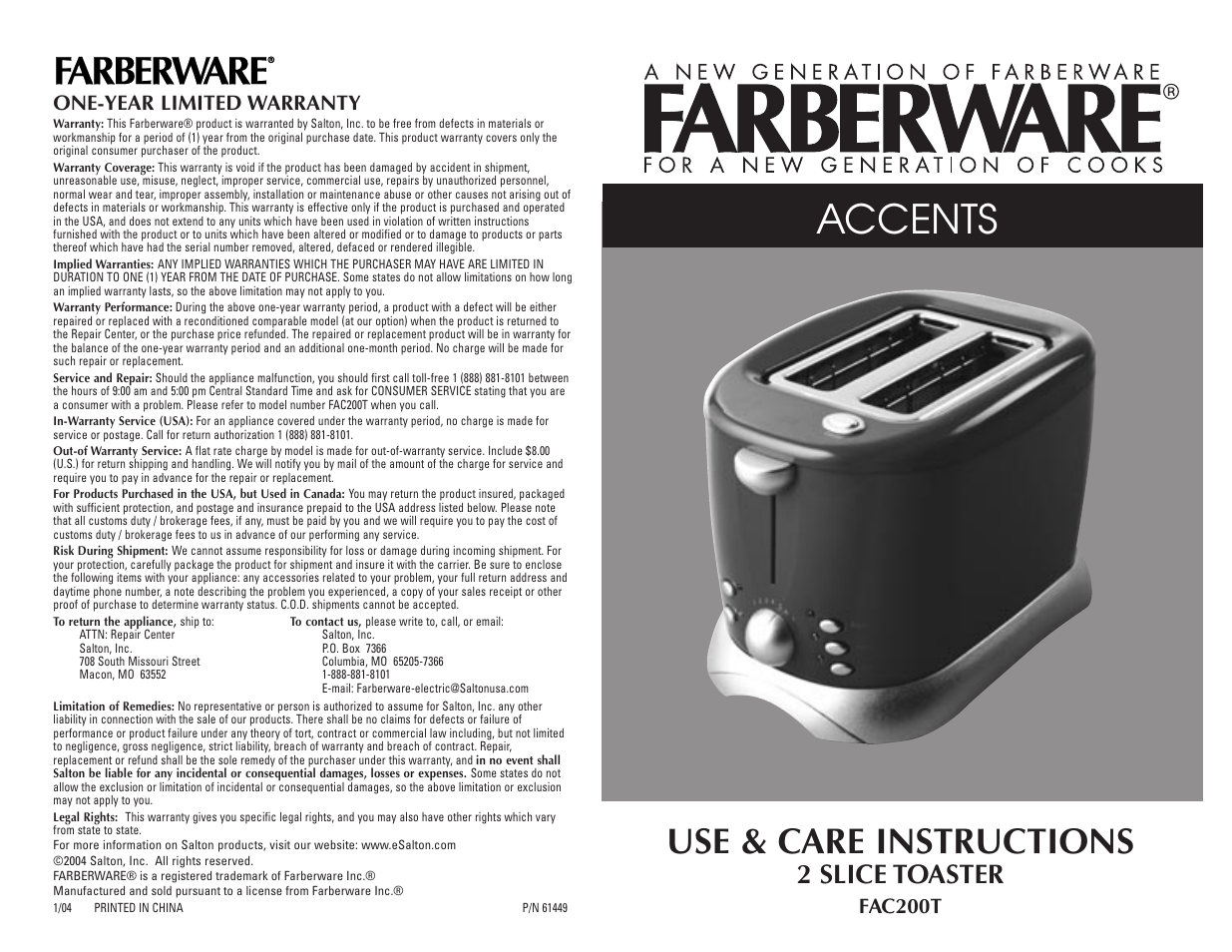 FARBERWARE 2 SLICE TOASTER FAC200T User Manual | 12 pages