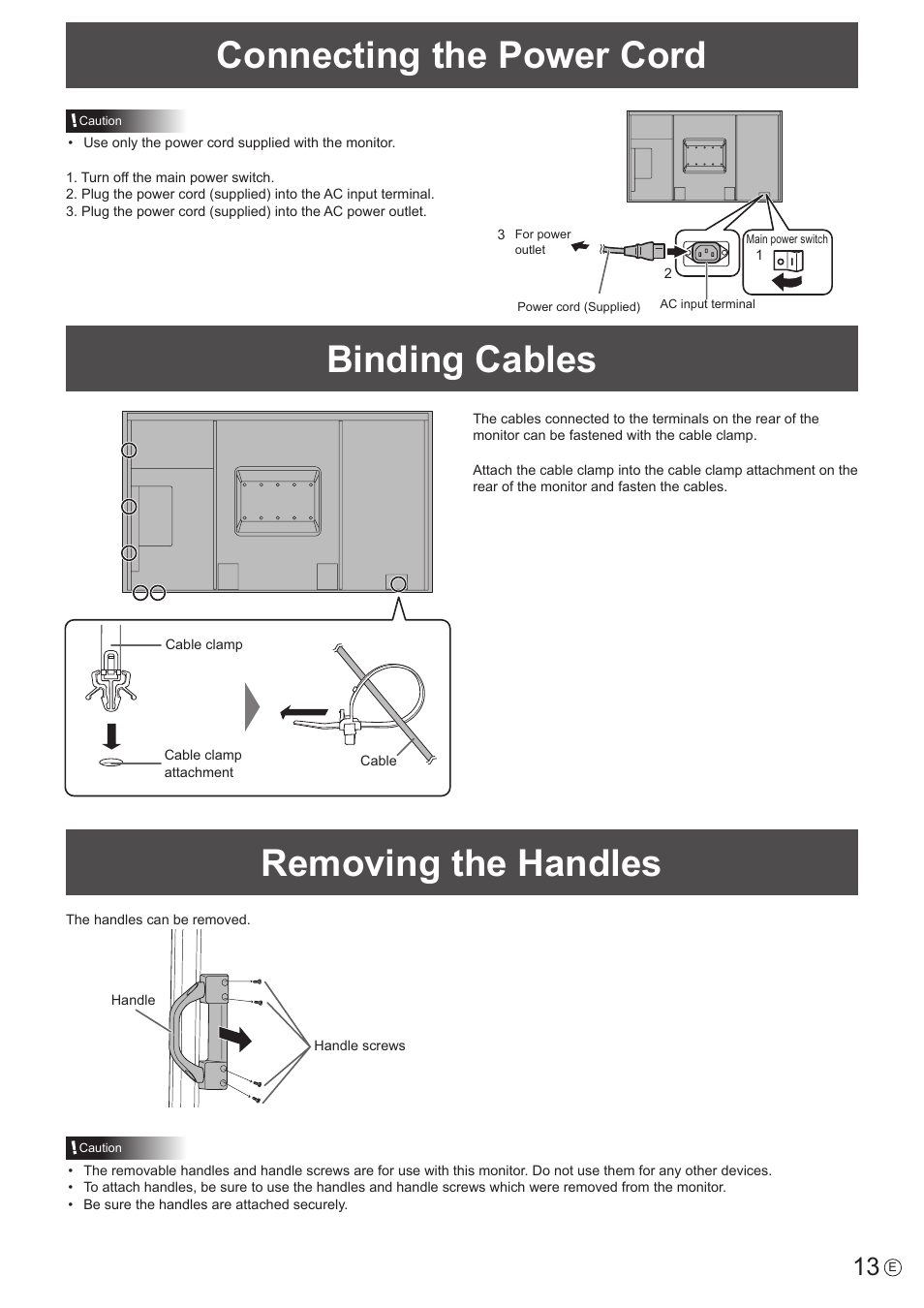 Connecting the power cord, Binding cables, Removing the handles | Sharp PN-E802 User Manual | Page 13 / 56