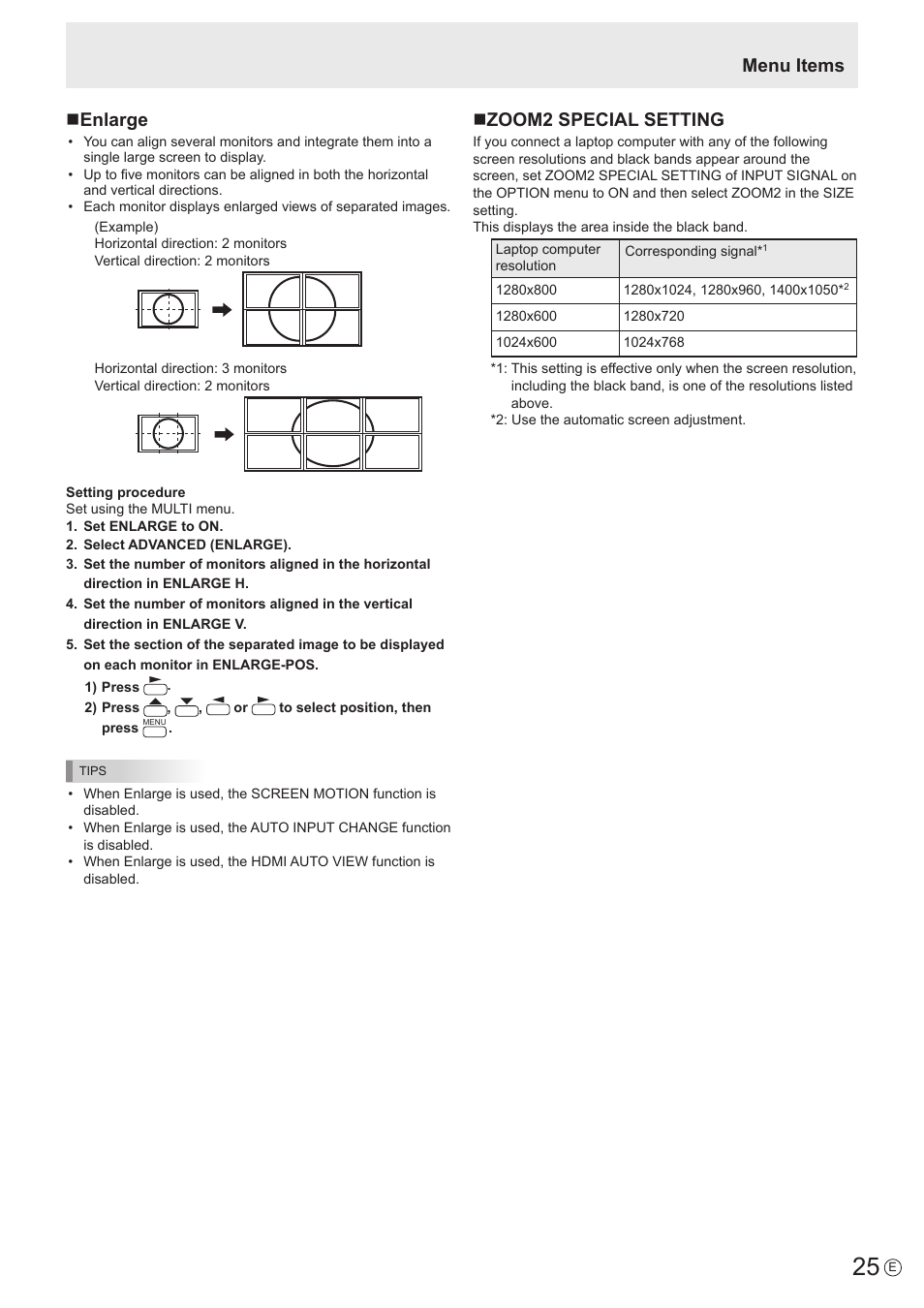 Nenlarge, Menu items n zoom2 special setting | Sharp PN-E802 User Manual | Page 25 / 56
