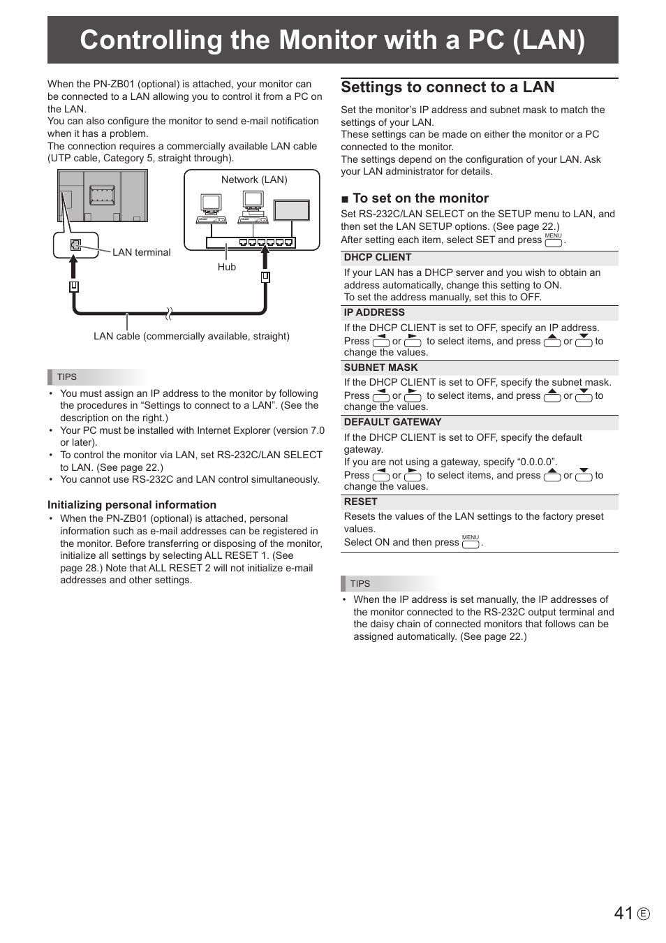 Controlling the monitor with a pc (lan), Settings to connect to a lan | Sharp PN-E802 User Manual | Page 41 / 56