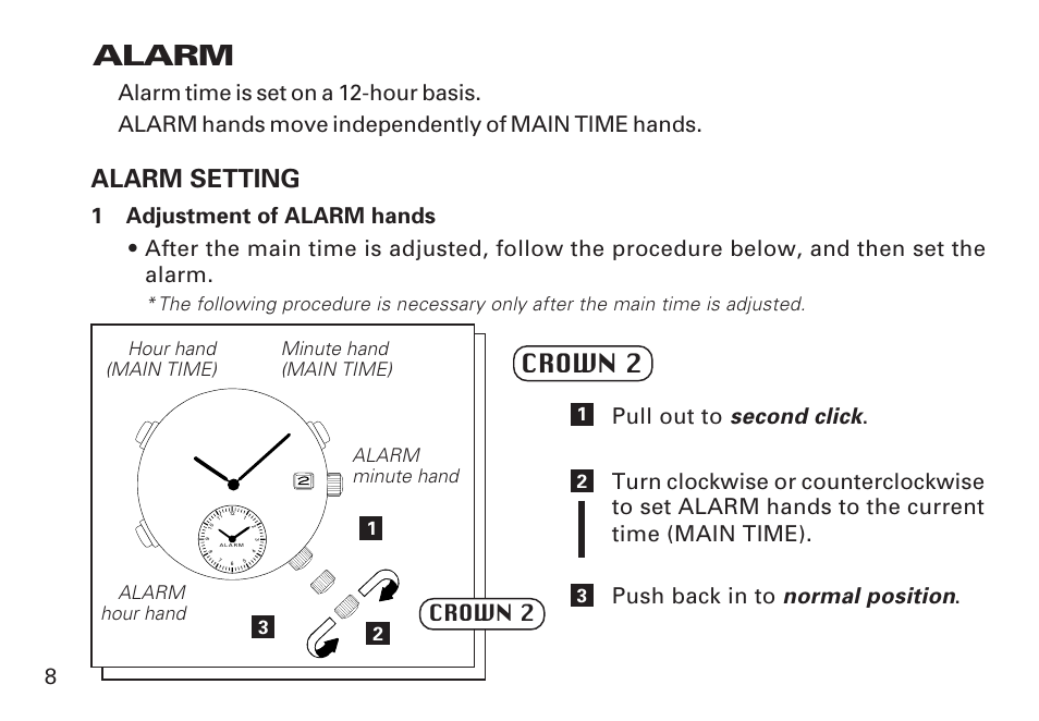Alarm, English, Alarm setting | Seiko 7T32 User Manual | Page 8 / 23