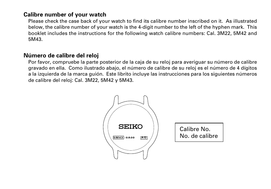 Calibre number of your watch, Número de calibre del reloj, Calibre no. no.  de calibre | Seiko KINETIC 5M43 User Manual | Page 2 / 28 | Original mode