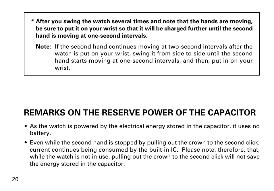 Remarks on the reserve power of the capacitor | Seiko KINETIC 5M43 User  Manual | Page 20 / 28