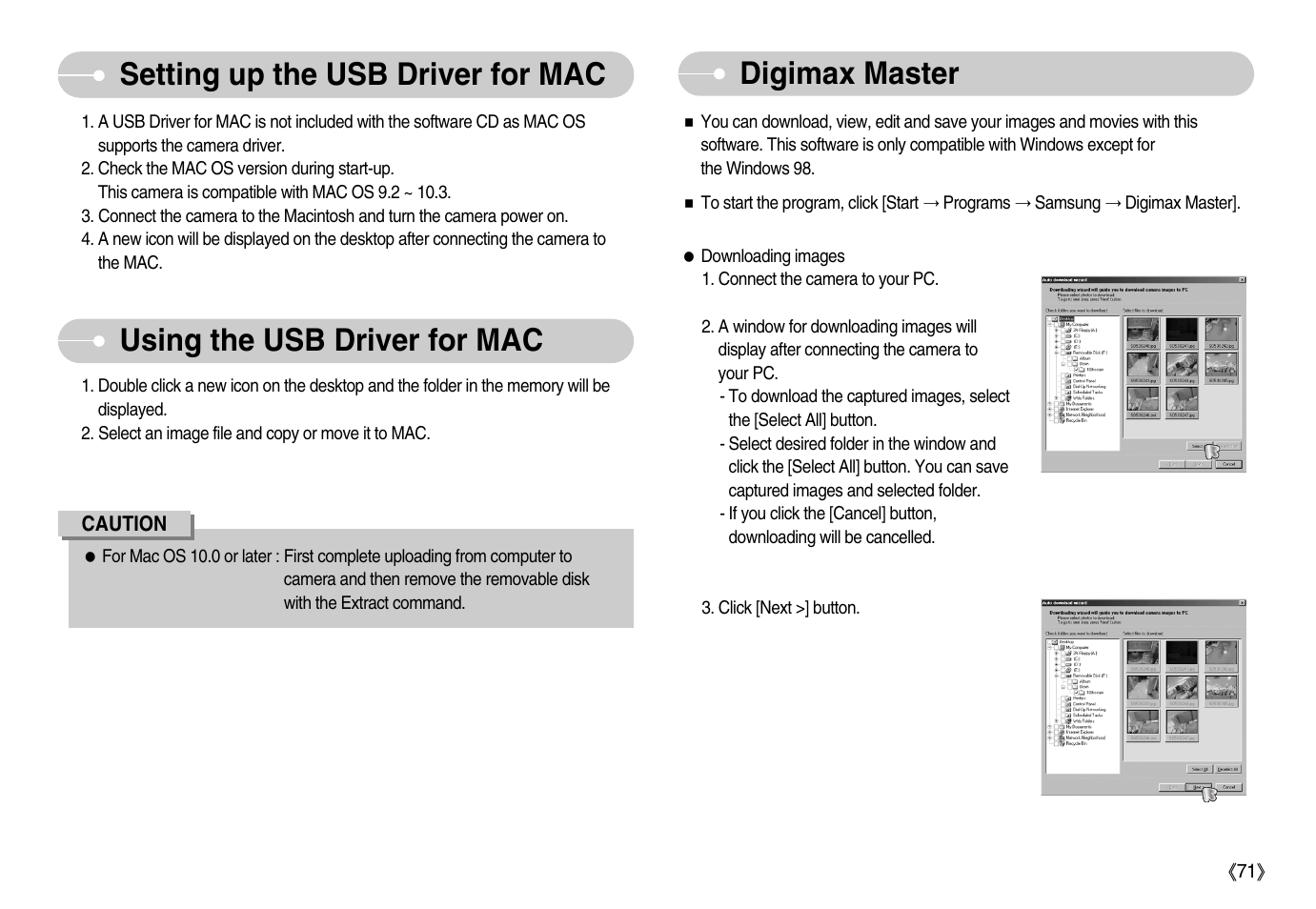 kalk overvældende atom Setting up the usb driver for mac, Using the usb driver for mac, Digimax  master | Samsung Digimax D53 User Manual | Page 72 / 78
