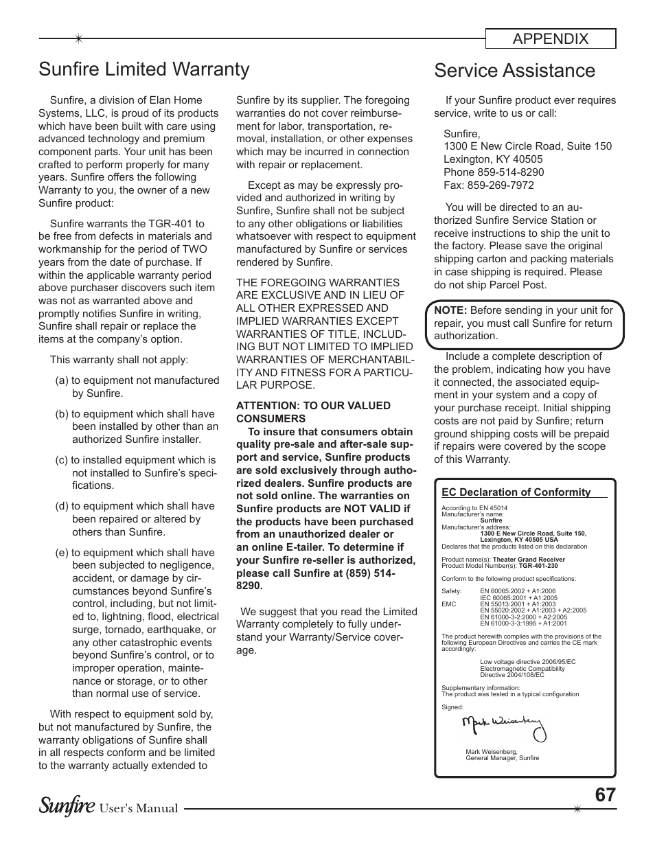 Sunfire Limited Warranty Service Assistance Appendix Sunfire Theater Grand Receiver Tgr 401 230 User Manual Page 67 68 Original Mode