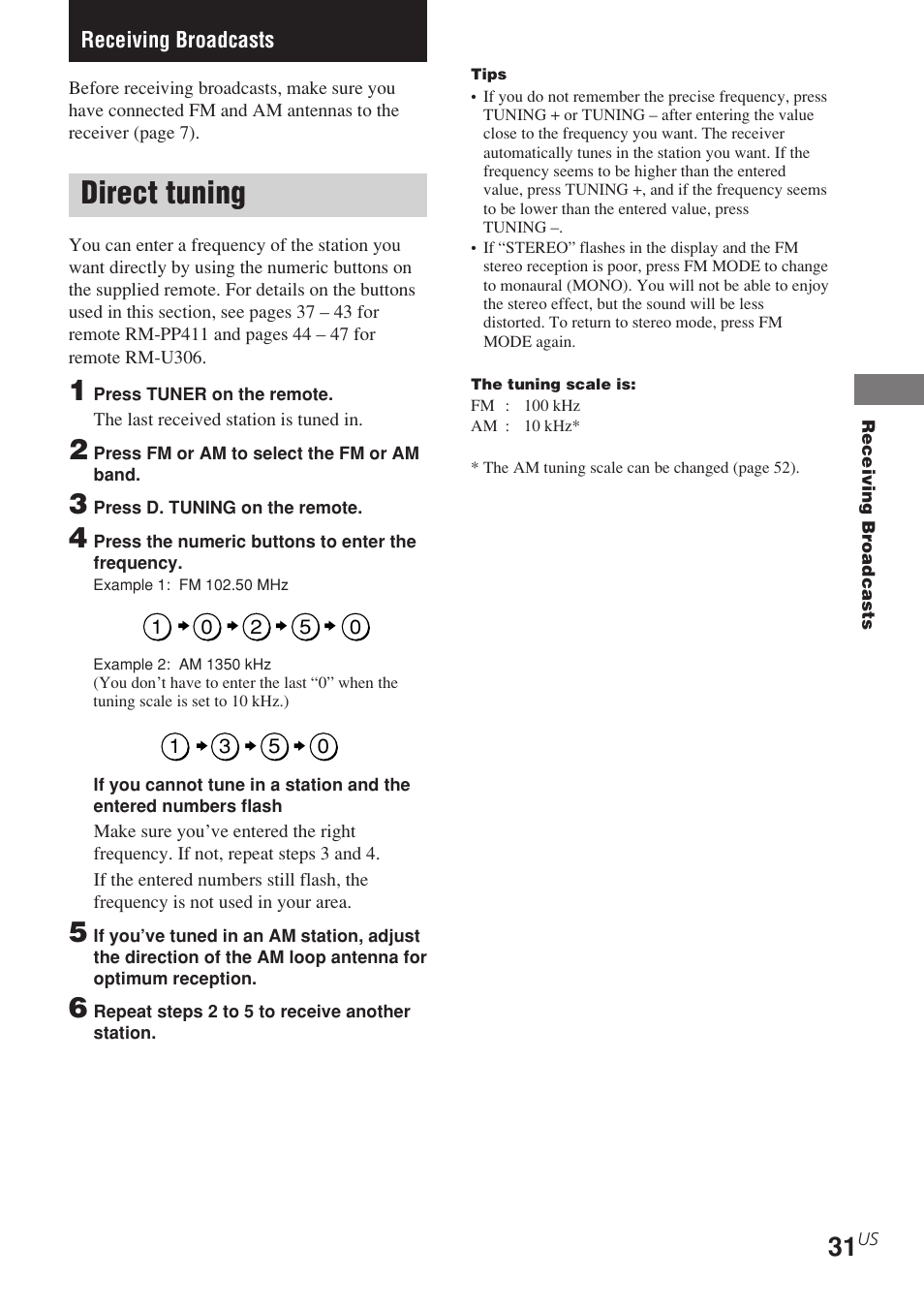 Receiving broadcasts, Direct tuning | Sony STR-K840P User Manual | Page