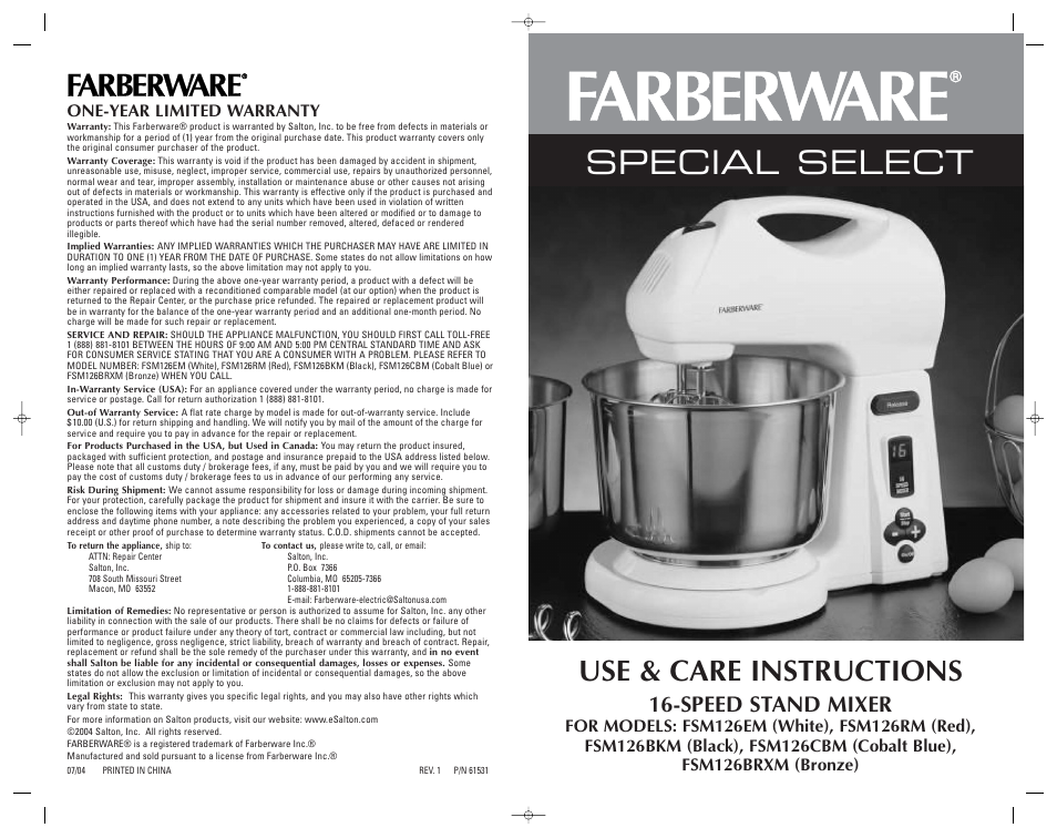 FARBERWARE MIXER FSM126EM User Manual | 32 pages