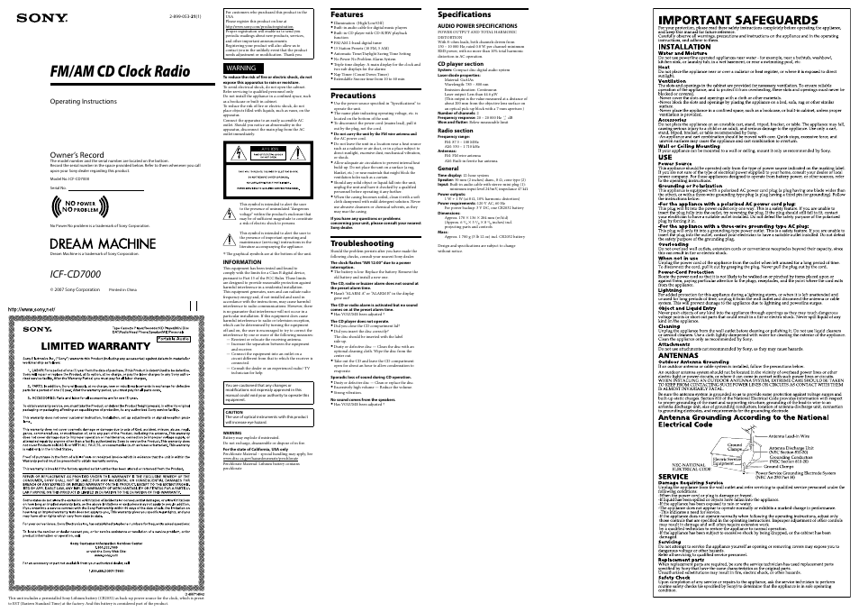 Sony DREAM MACHINE ICF-CD7000 User Manual | 2 pages | Original mode