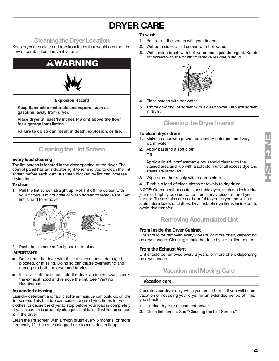 Dryer Care Warning Cleaning The Dryer Location Kenmore Elite He5 110 8708 User Manual Page 25 56 Original Mode
