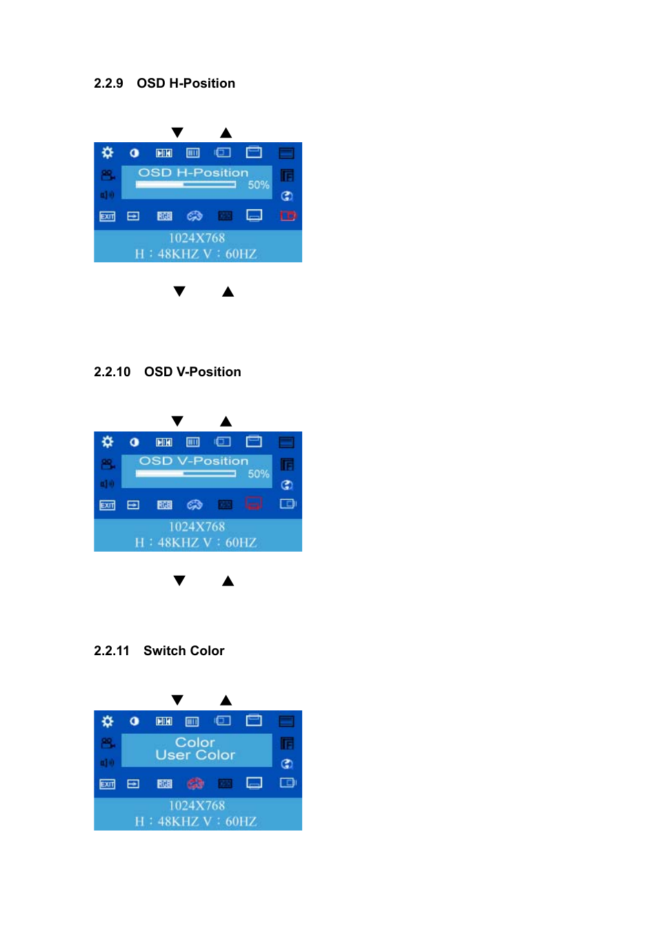9 osd h-position, 10 osd v-position, 11 switch color | Koller-Craft Plastic Hawkeye 1U rack mount 15" TFT monitor/keyboard drawer RPD-1151 User Manual | Page 20 / 43