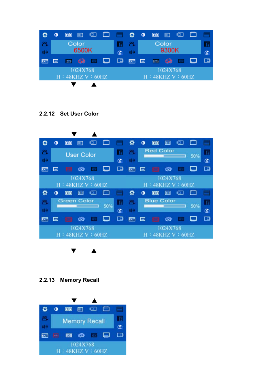12 set user color, 13 memory recall | Koller-Craft Plastic Hawkeye 1U rack mount 15" TFT monitor/keyboard drawer RPD-1151 User Manual | Page 21 / 43