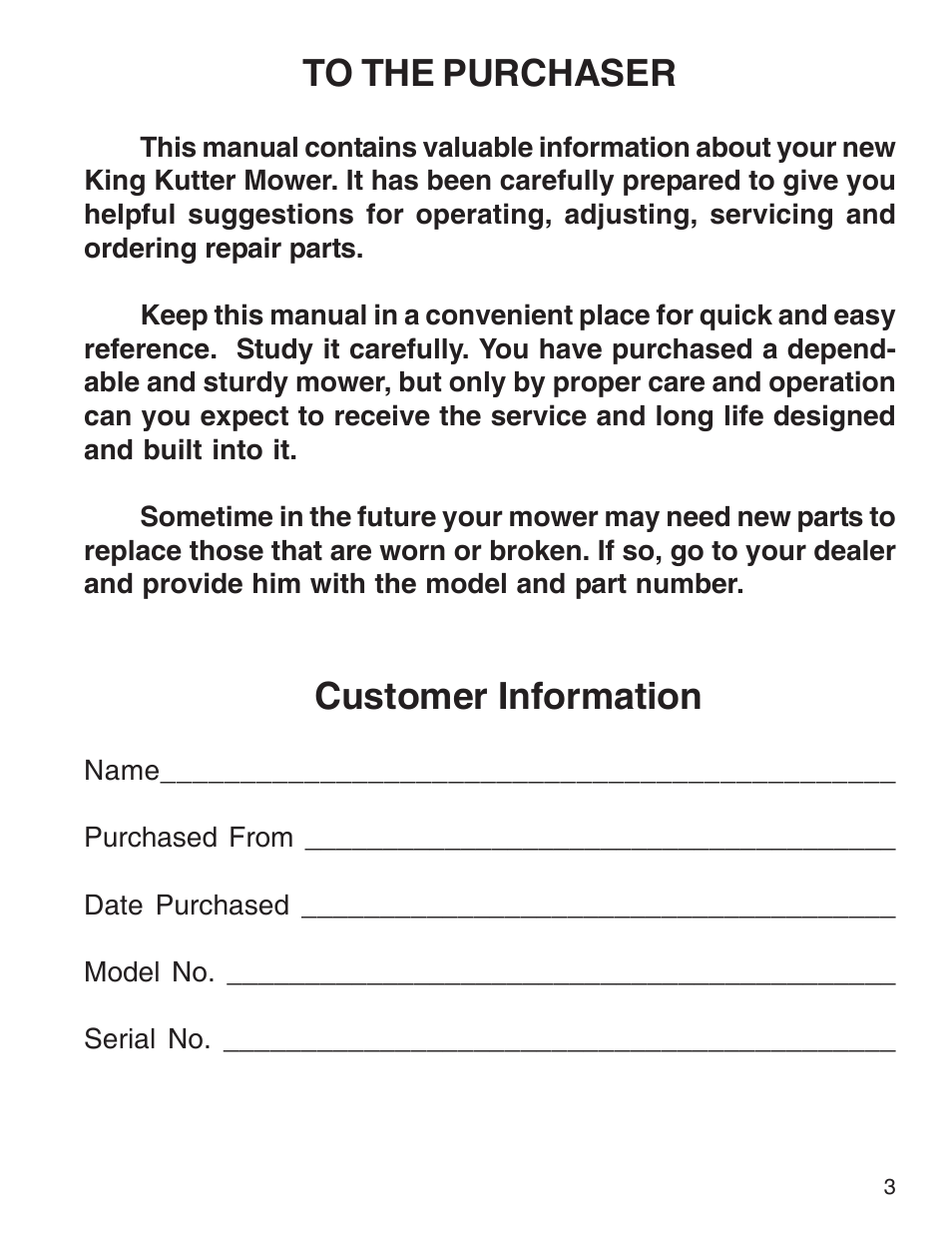 Customer information | King Kutter Rotary Mower User Manual | Page 3 / 46