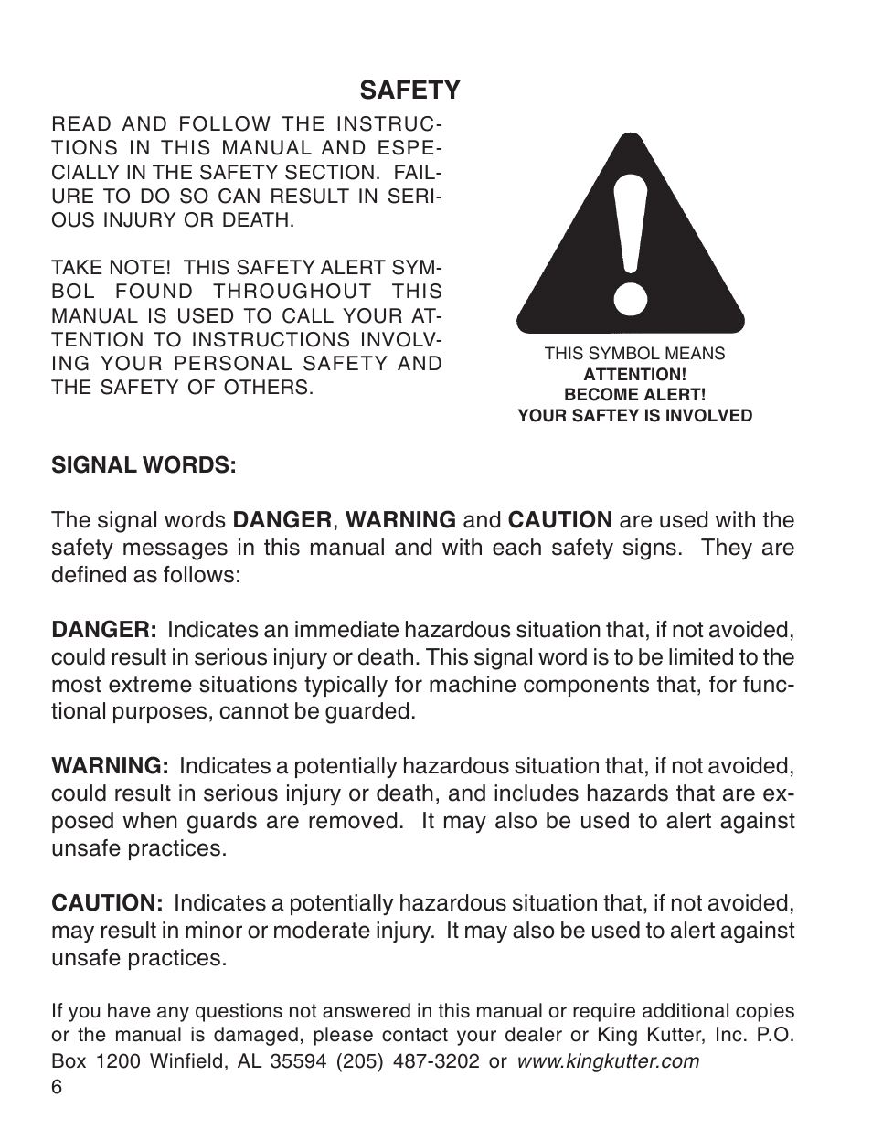 Safety | King Kutter Rotary Mower User Manual | Page 6 / 46