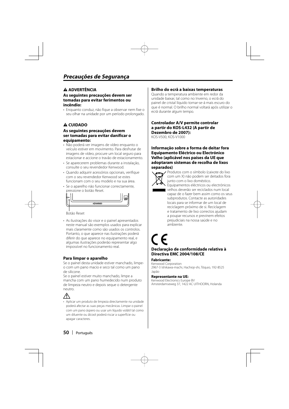 Precaucoes De Seguranca Kenwood Carportal Kos L432 User Manual Page 50 68 Original Mode