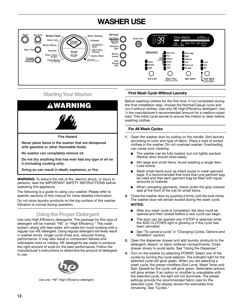 Washer use, Warning, Starting your washer Kenmore ELITE HE5T User