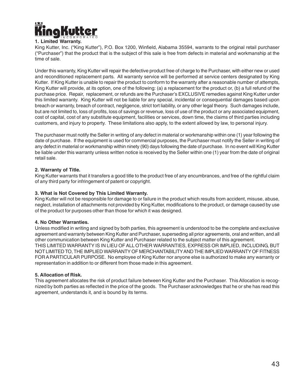 King Kutter Free Floating User Manual | Page 43 / 44