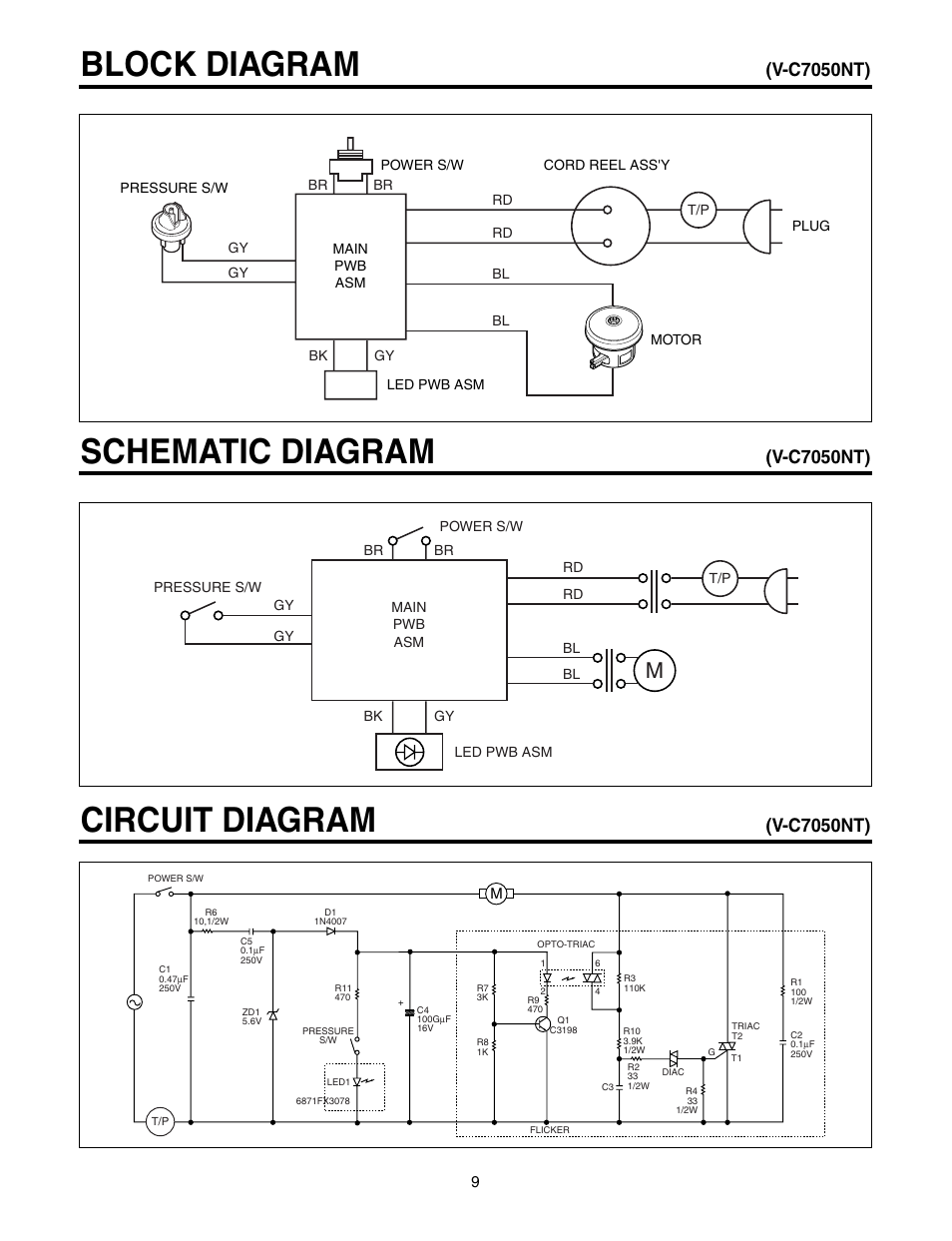 Block diagram, Schematic diagram, Circuit diagram | V-c7050nt) | LG V-C7050HT User Manual | Page 9 / 23