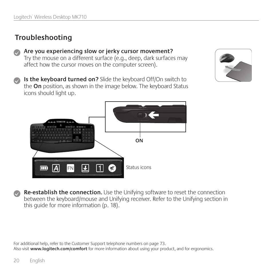 Uegnet Mathis Monarch Troubleshooting | Logitech Wireless Desktop MK710 User Manual | Page 20 / 76