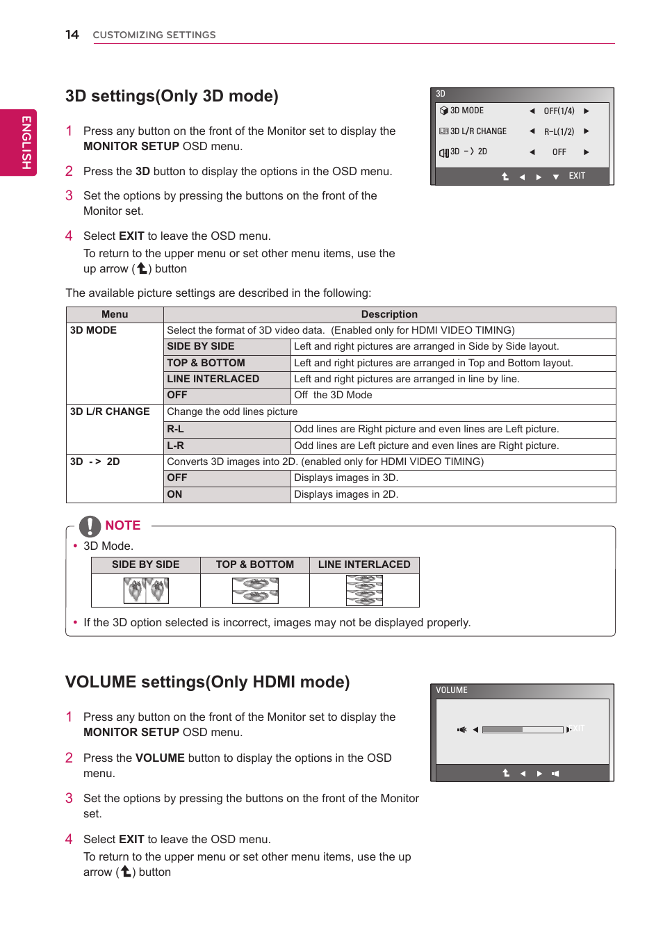 3d settings(only 3d mode), Volume settings(only hdmi mode), Settings.(see p.14) | Set.(see p.14), See p.14) | LG D2342P User Manual | Page 14 / 22