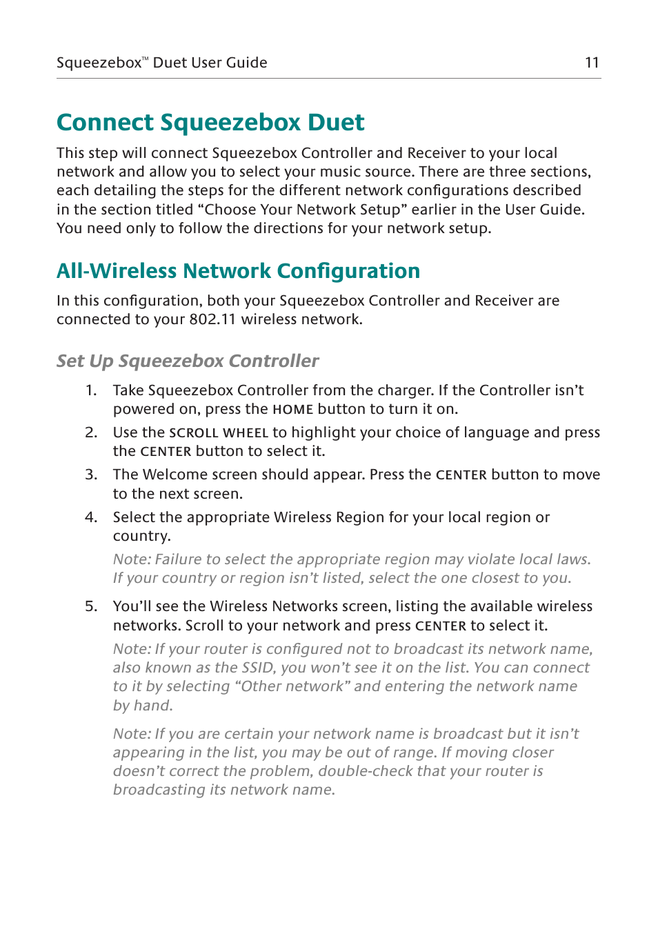 Connect squeezebox duet, All-wireless network configuration, Set up controller | Logitech Squeezebox Manual | Page 12 / 45