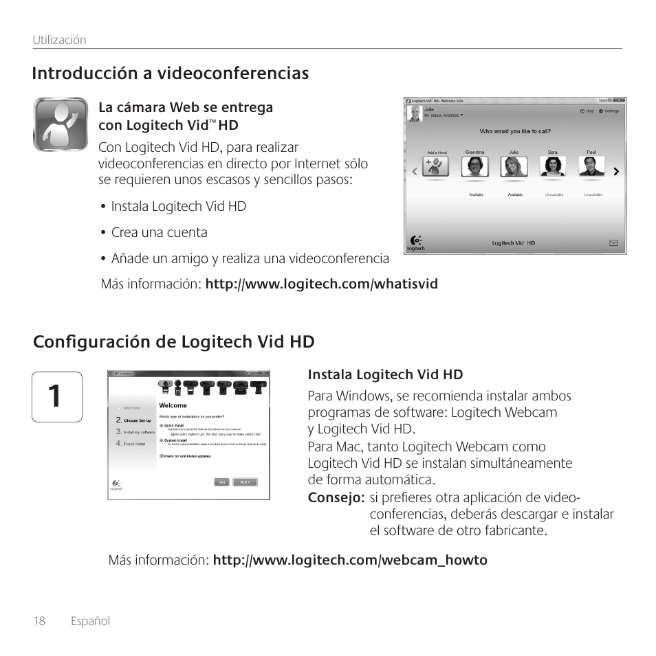 Introducción a videoconferencias, Configuración de vid hd | Logitech C615 Manual | 18 / 52