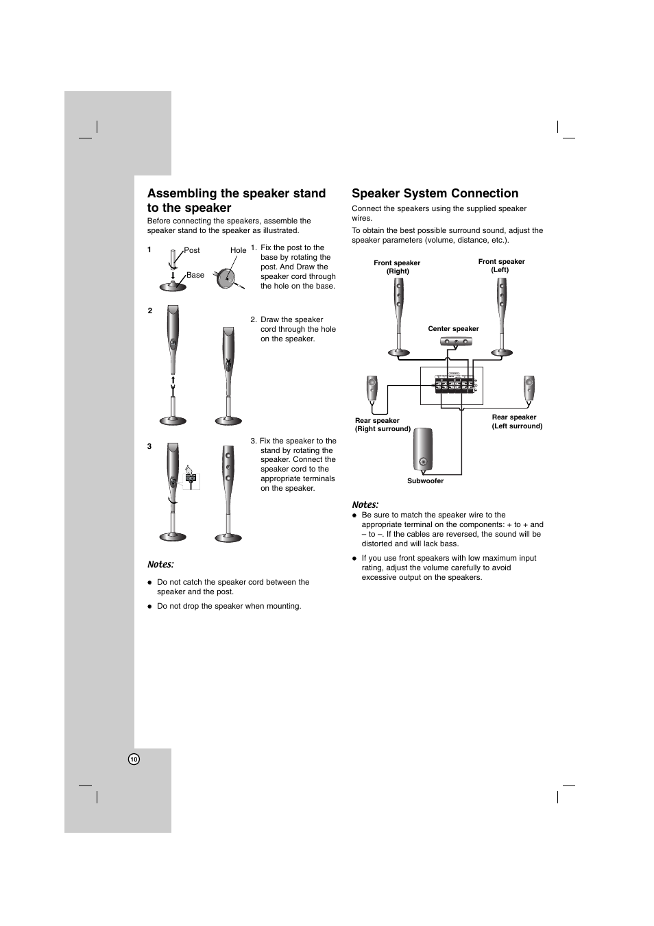 Assembling the speaker stand to the speaker, Speaker system connection | LG SH72PZ-F User Manual | Page 10 / 28