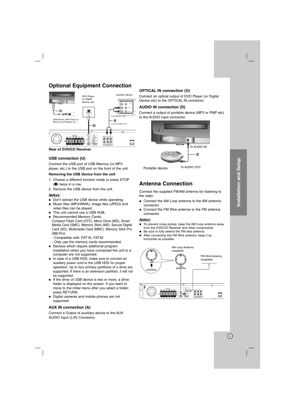 Optional equipment connection, Antenna connection, Installation and setup | Hdmi out, L - aux - r, Usb connection (u), Aux in connection (a), Optical in connection (o), Audio in connection (d) | LG SH72PZ-F User Manual | Page 9 / 28
