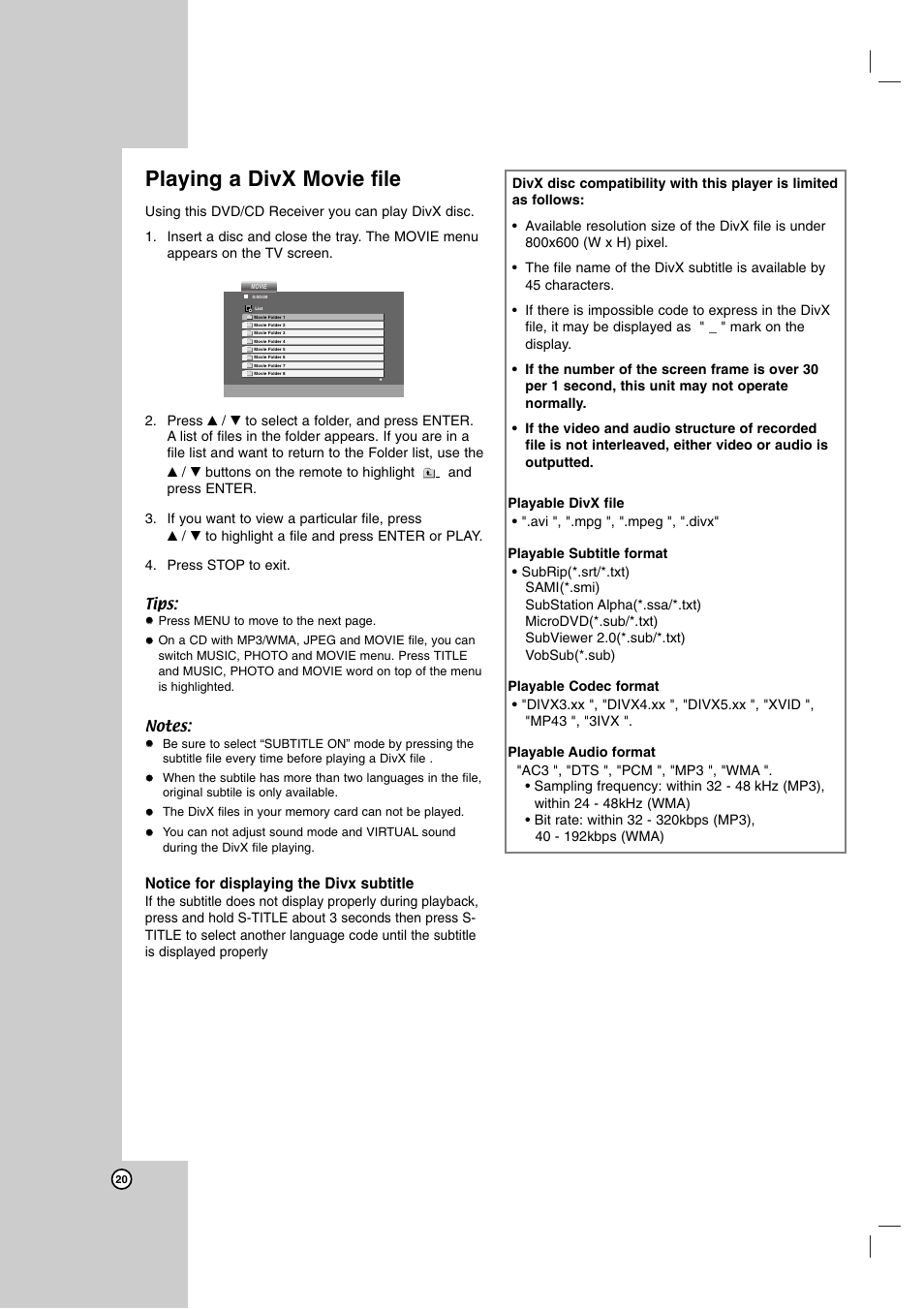Playing a divx movie file, Notice for displaying the divx subtitle | LG LH-T755 User Manual | Page 20 / 29