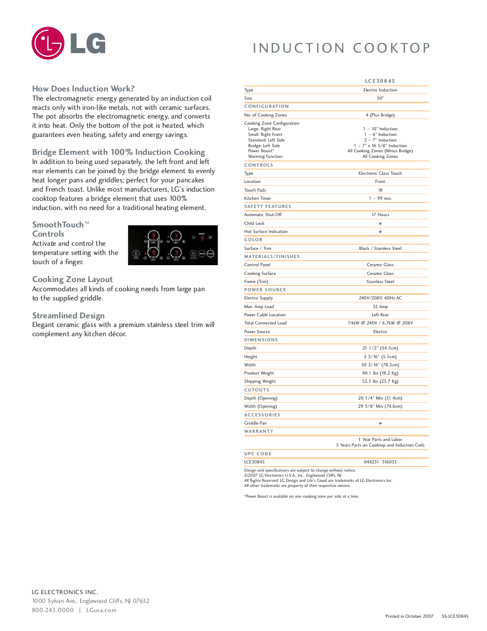 How does induction work, Bridge element with 100% induction cooking, Smoothtouch | Controls, Cooking zone layout, Streamlined design | LG LCE30845 User Manual | Page 2 / 2