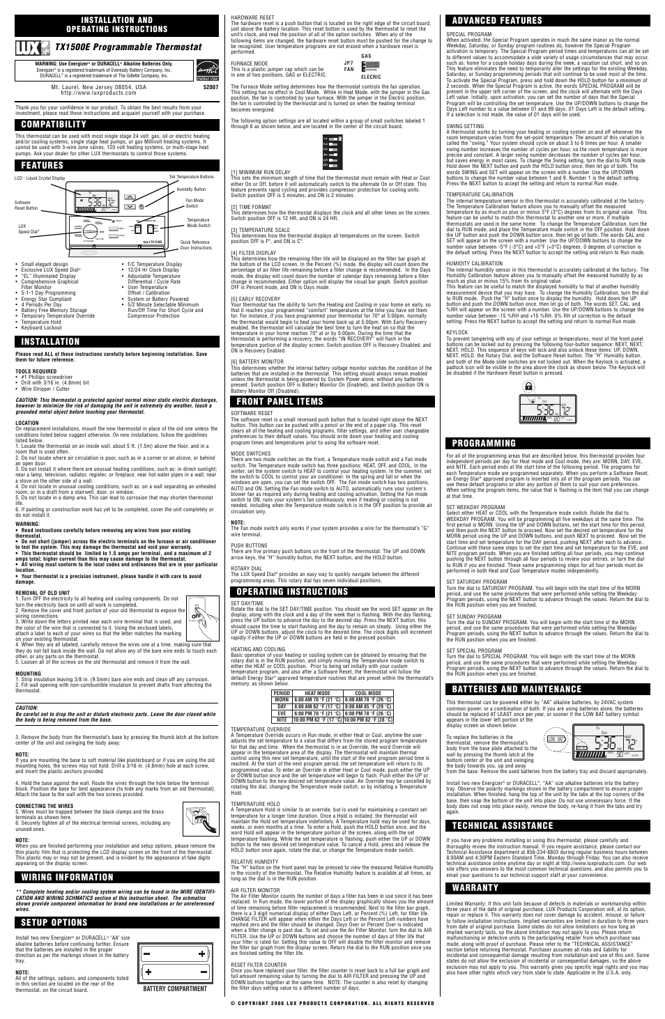 Lux Products TX1500E User Manual | 2 pages