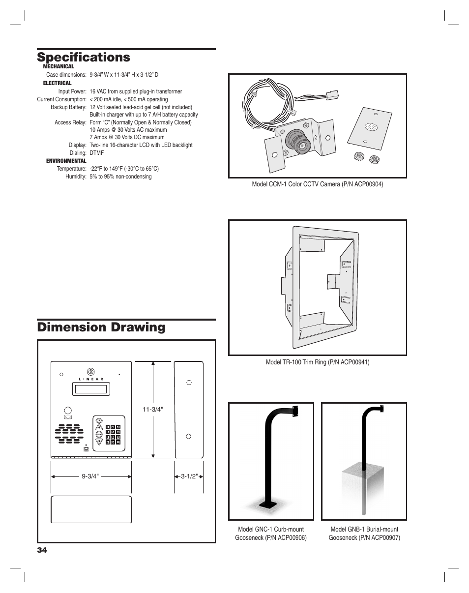 Specifi cations, Dimension drawing | Linear AE-100 User Manual | Page