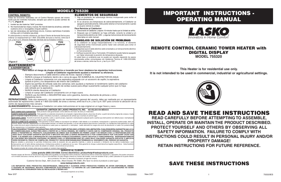 Lasko 755320 User Manual | 4 pages | Original mode