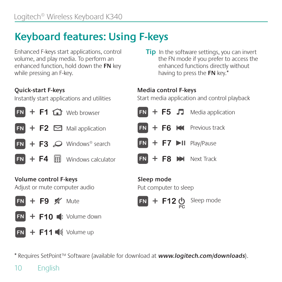 Keyboard using f-keys | Logitech Wireless Keyboard K340 User Manual | Page 10 /