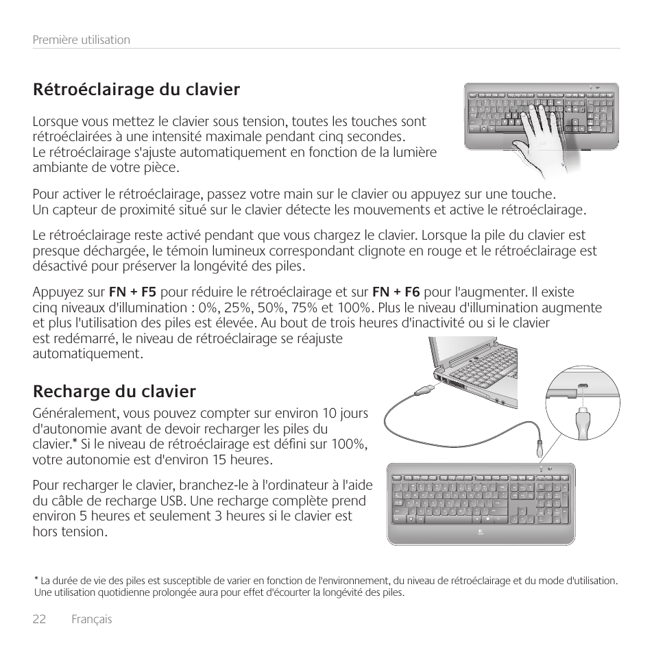 Rétroéclairage du clavier, du clavier | Logitech Wireless Keyboard K800 Manual | Page 22 / 32 | Original mode