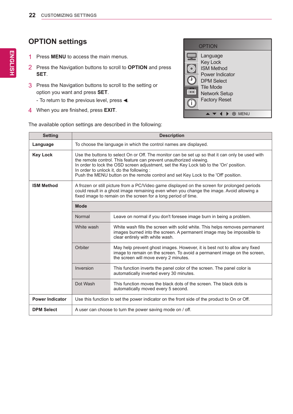 Option settings, Option ( see p.22 ) | LG 47VL10 User Manual | Page 22 / 48