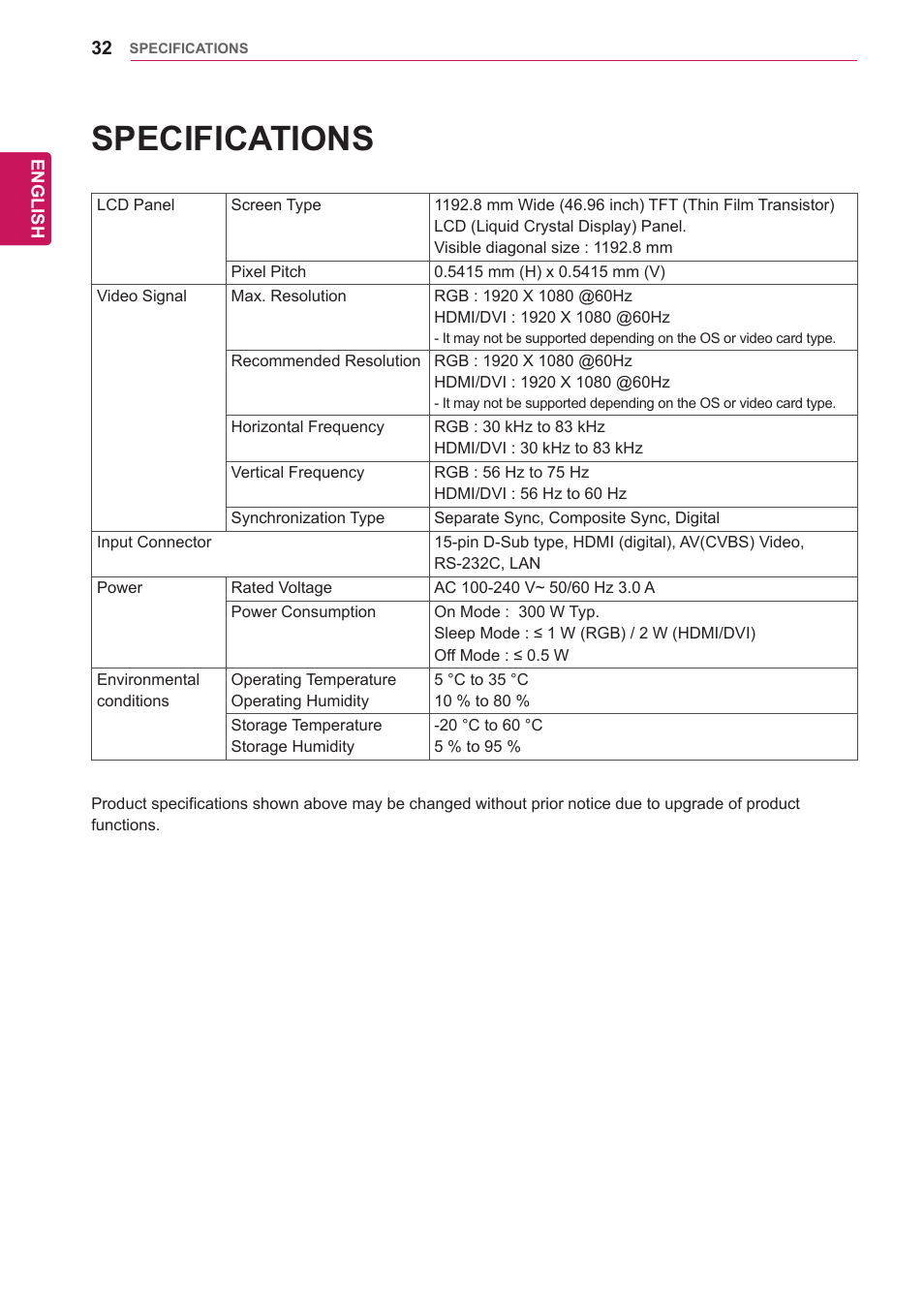 Specifications | LG 47VL10 User Manual | Page 32 / 48