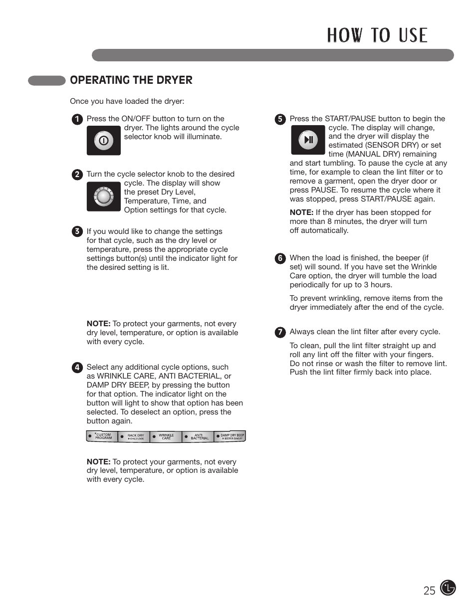 H o w to u s e, Operating the dryer | LG D5966W User Manual | Page 25 / 80
