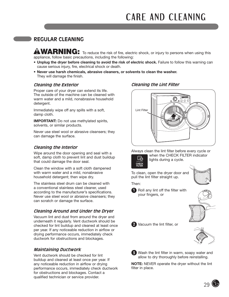W warning, Regular cleaning | LG D5966W User Manual | Page 29 / 80