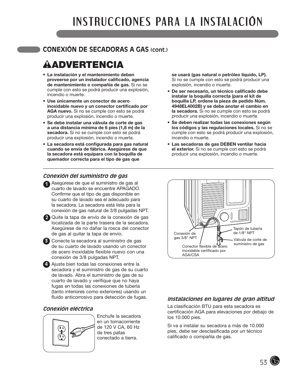 W advertencia, Conexión de secadoras a gas | LG D5966W User Manual | Page 53 / 80