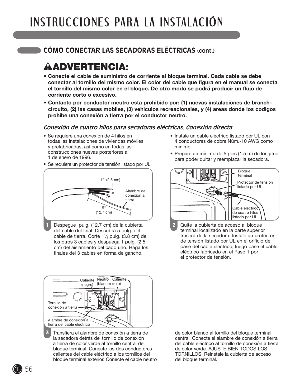 W advertencia, 56 cómo conectar las secadoras eléctricas | LG D5966W User Manual | Page 56 / 80