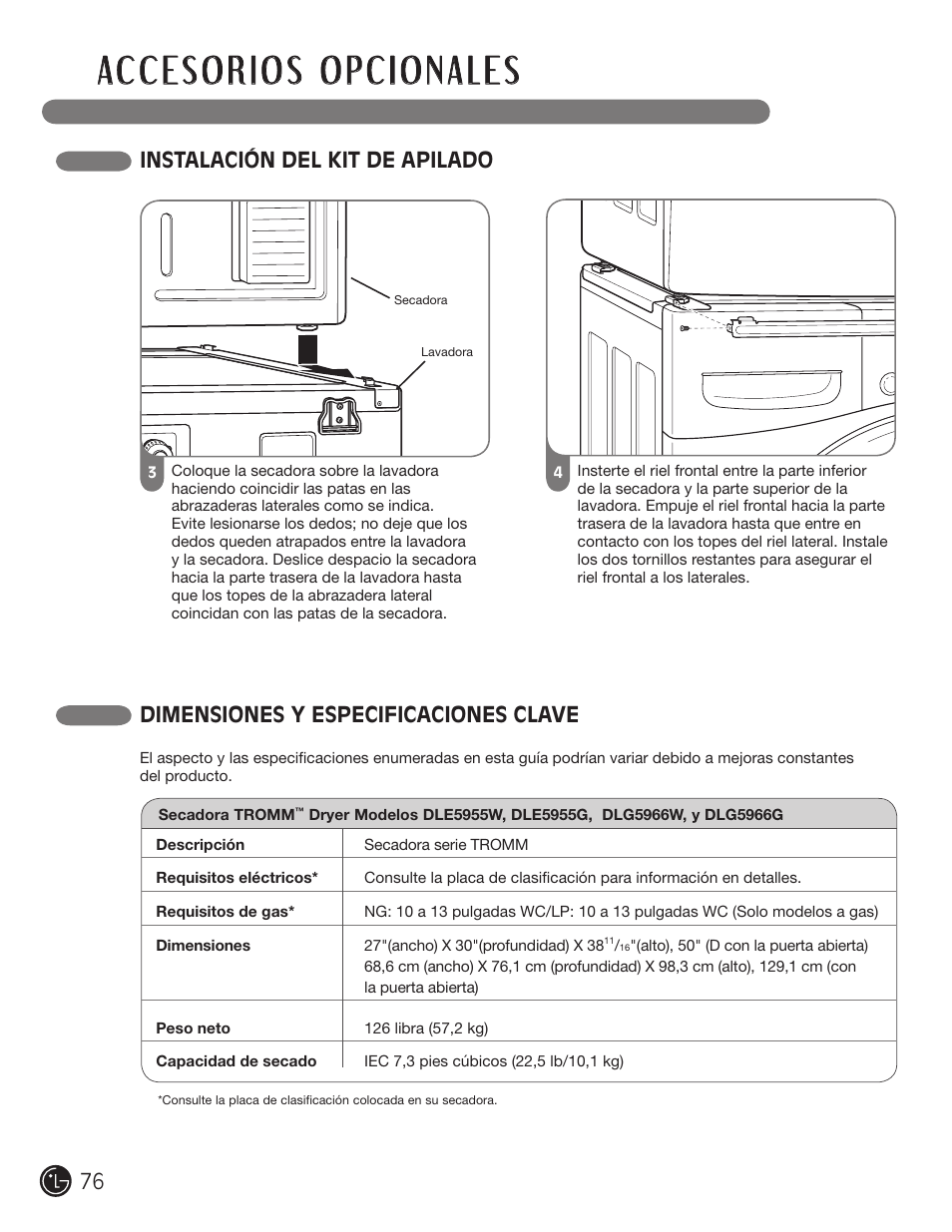 Instalación del kit de apilado, Dimensiones y especificaciones clave | LG D5966W User Manual | Page 76 / 80